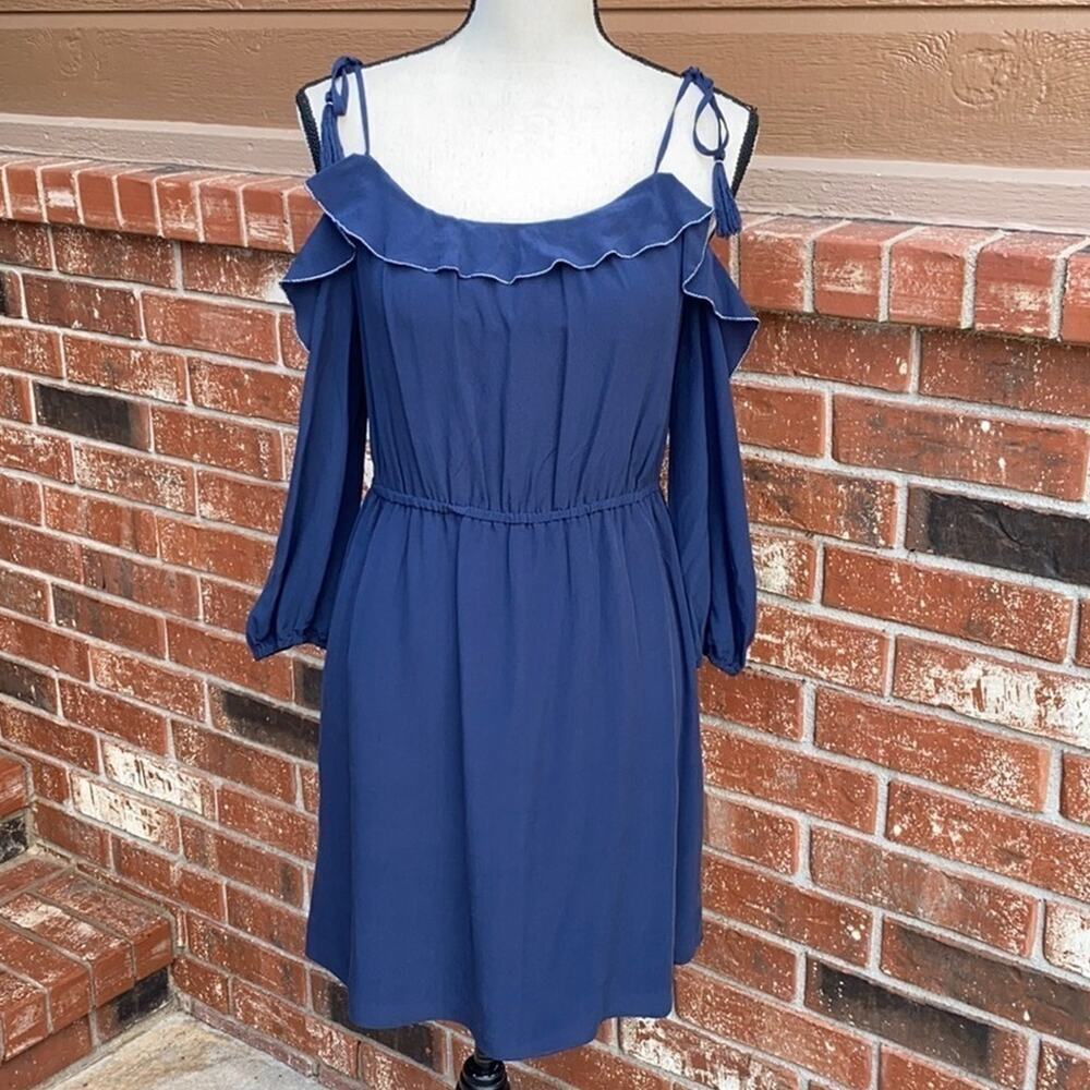 A Loves A 100% Silk Dress Navy Blue Cold Shoulder Mini S Small Wedding Guest NWT
